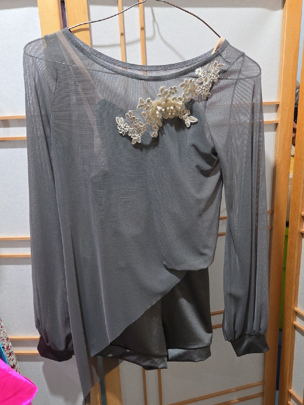 Weissman Gray Sheer Asymmetric Dance Costume with Cream Floral Applique